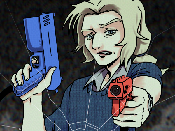 Thumbnail of a fake ad for a game called "Abode of the Deceased", with a man holding two lightguns in front of a spooky static background.