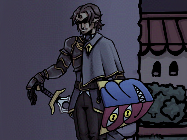 Thumbnail of a dark knight with a sword and shield. His eyes are obscured by shadow.