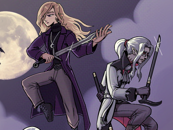 Thumbnail of a group of vampiric characters leaping into action in front of a moonlit sky.